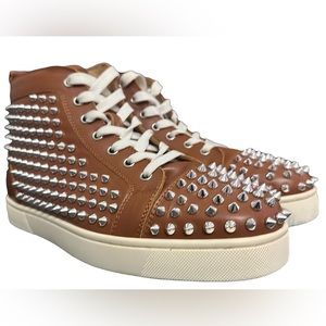 CHRISTIAN LOUBOUTIN Calfskin Mens Lou Spikes Flat Sneakers 41 Brown hardly use